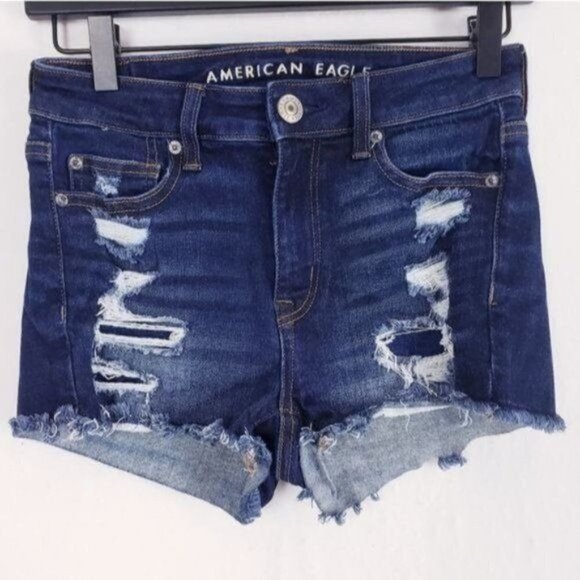 American Eagle Dark Wash High Rise Shortie Shorts Distressed High Waisted Dark 0 - Picture 1 of 10